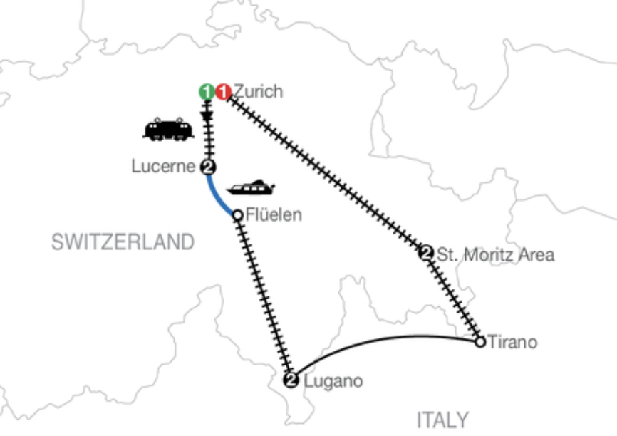 Map of the Hidden Gems of Switzerland rail tour route