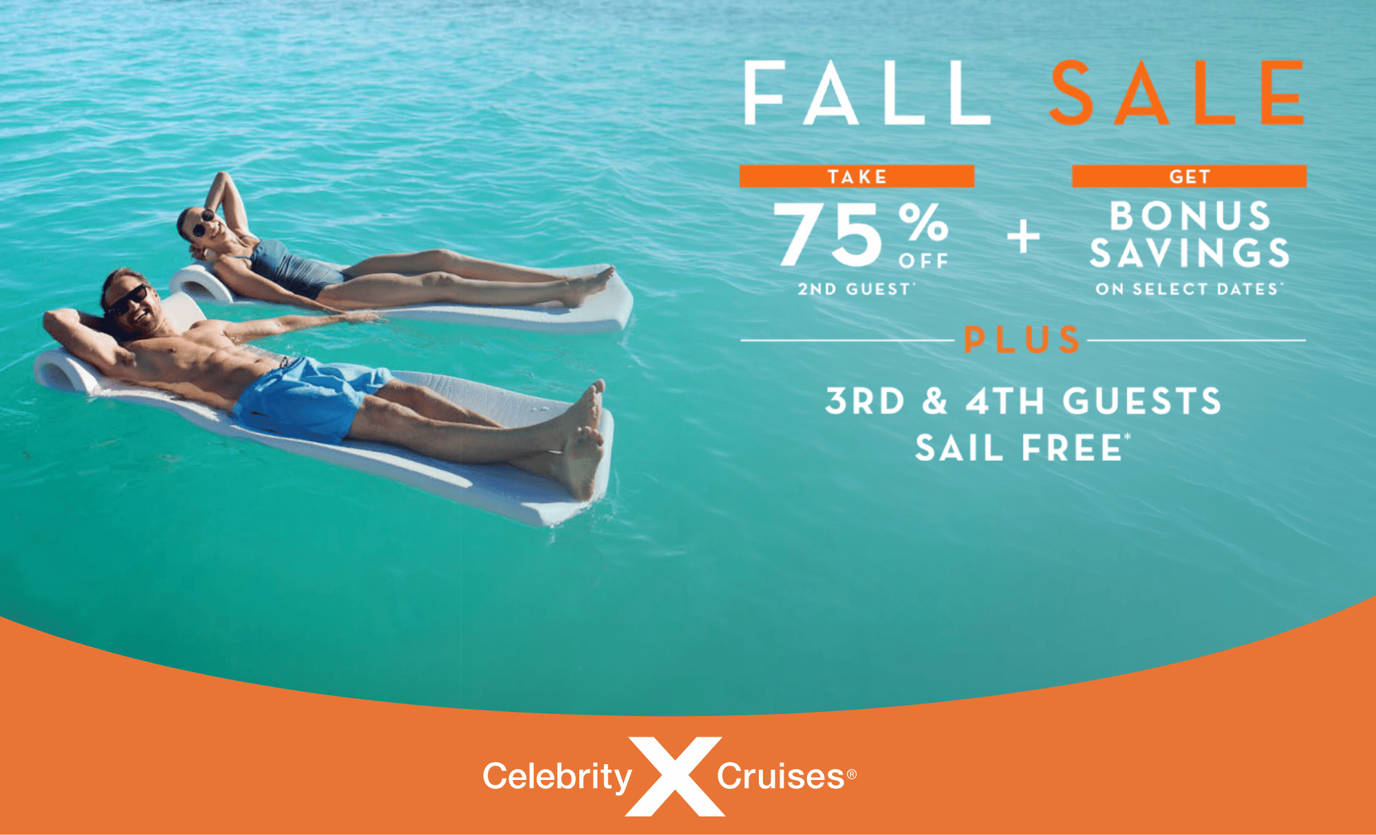 Celebrity Cruises Fall Sale 2026 promotion featuring 75% off second guest cruise fares and bonus savings
